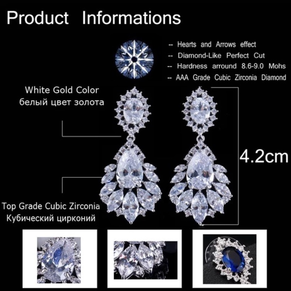 Blue Tear Drop Sapphire Crystal Silver Earrings - Picture 11 of 16